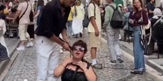 Beyoğlu’nda skandal görüntüler: Kadının boynuna tasma takıp gezdirdi, iki kişi tutuklandı